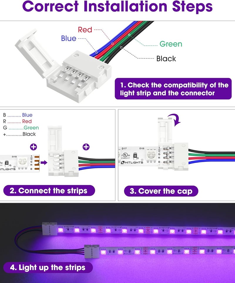 HitLights 12 Pack 10mm 4 Pin RGB LED Strip Connectors - 6 Inch Solderless Connectors for 5050 Color Changing LED Tape Light, Kitchens, Cabinets and More - Image 3